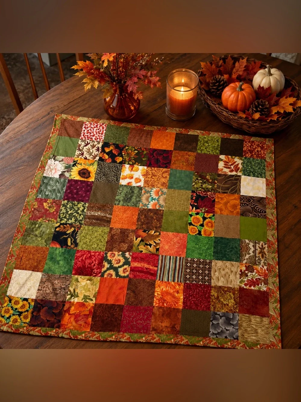 Handmade Autumn Patchwork Quilt 40” Wall Hanging Table Topper Fall Decor